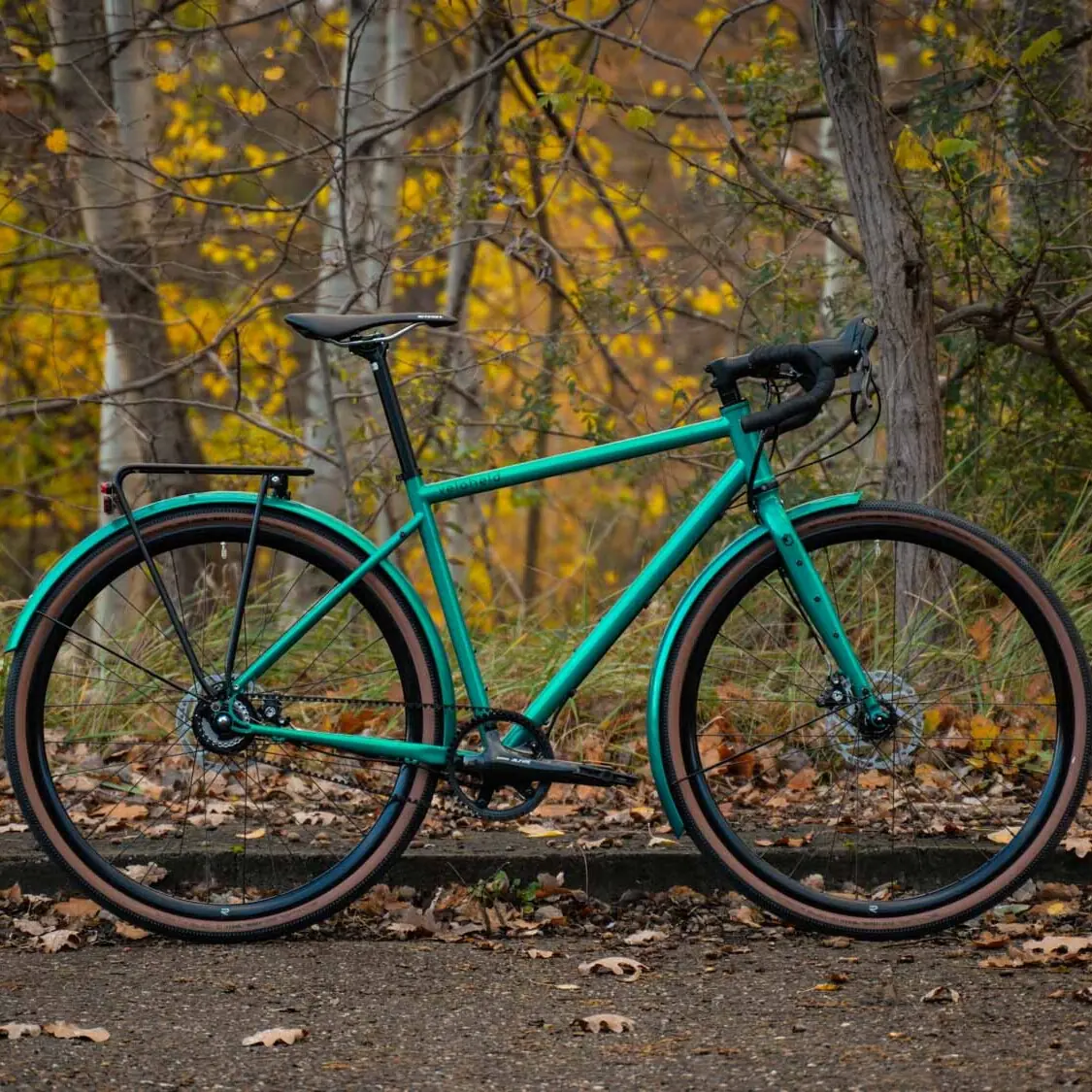 A veloheld.alleyX Tourist in blue-green stands in front of many trees.