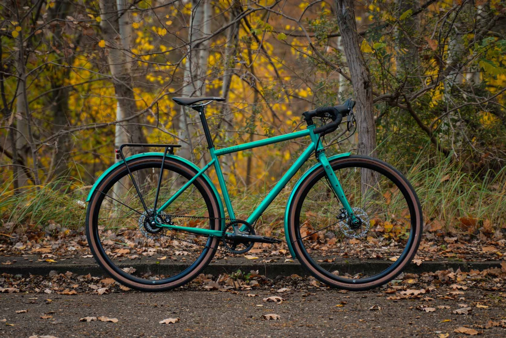 A veloheld.alleyX Tourist in blue-green stands in front of many trees.