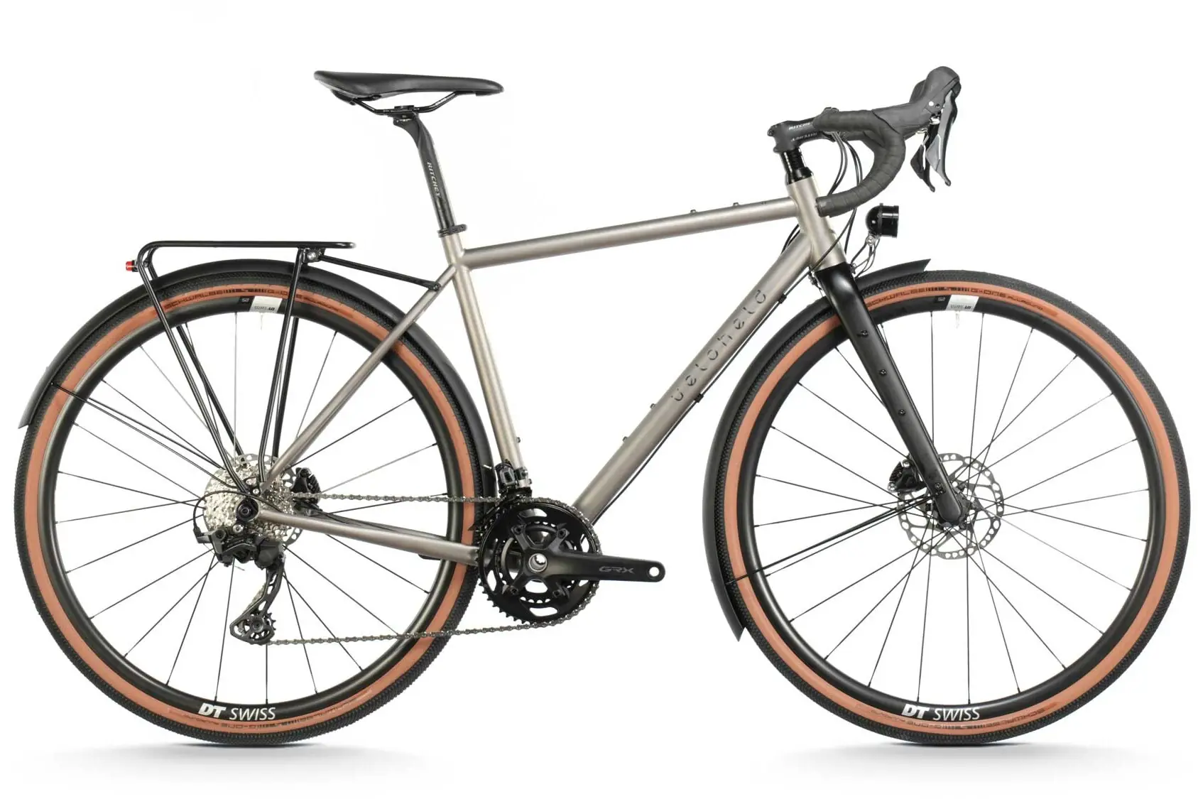 A grey veloheld.iconX Titan Tourist, a complete bicycle with mudguards and rack