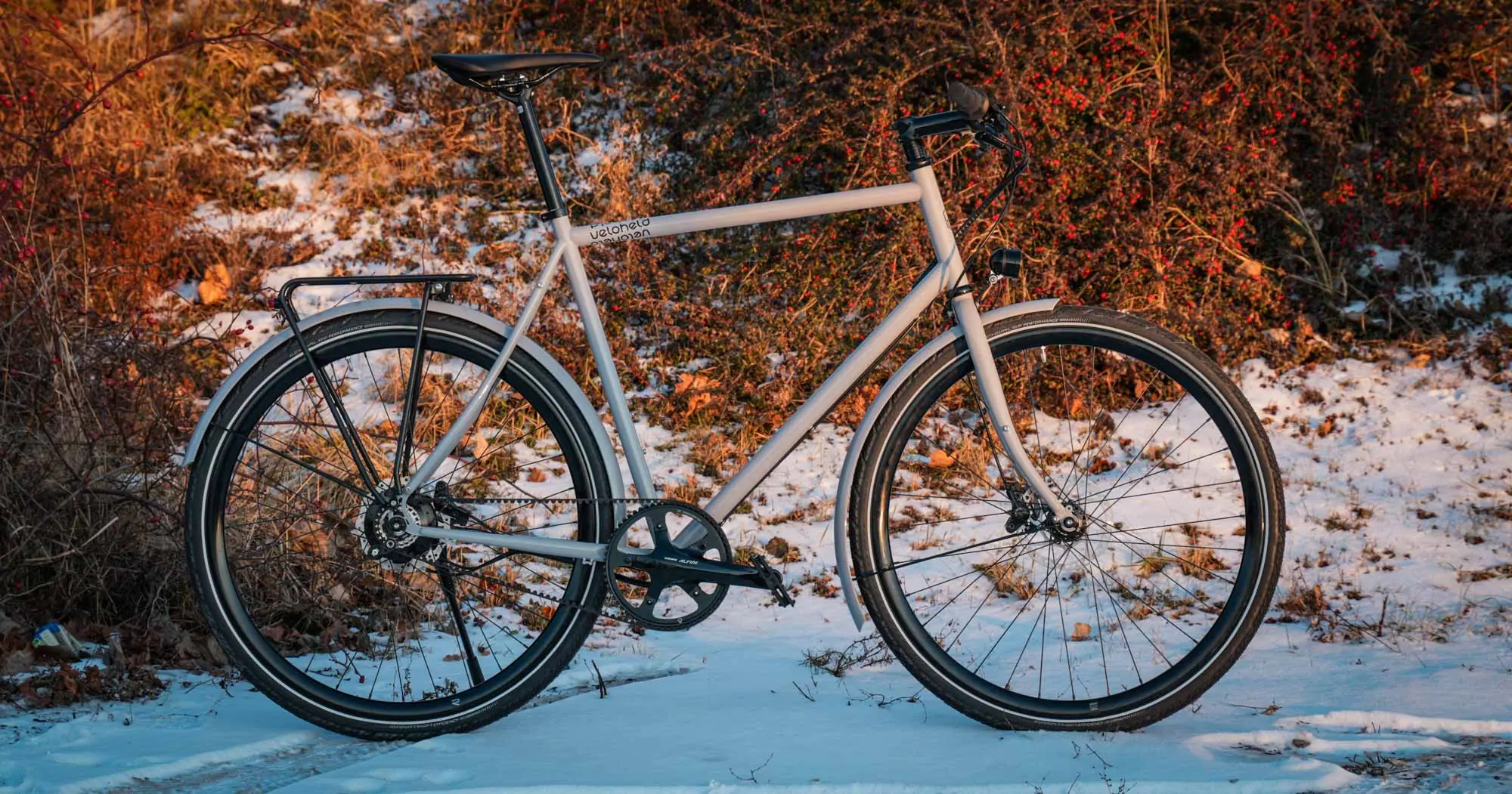A veloheld.lane in signal gray is standing outside in the snow