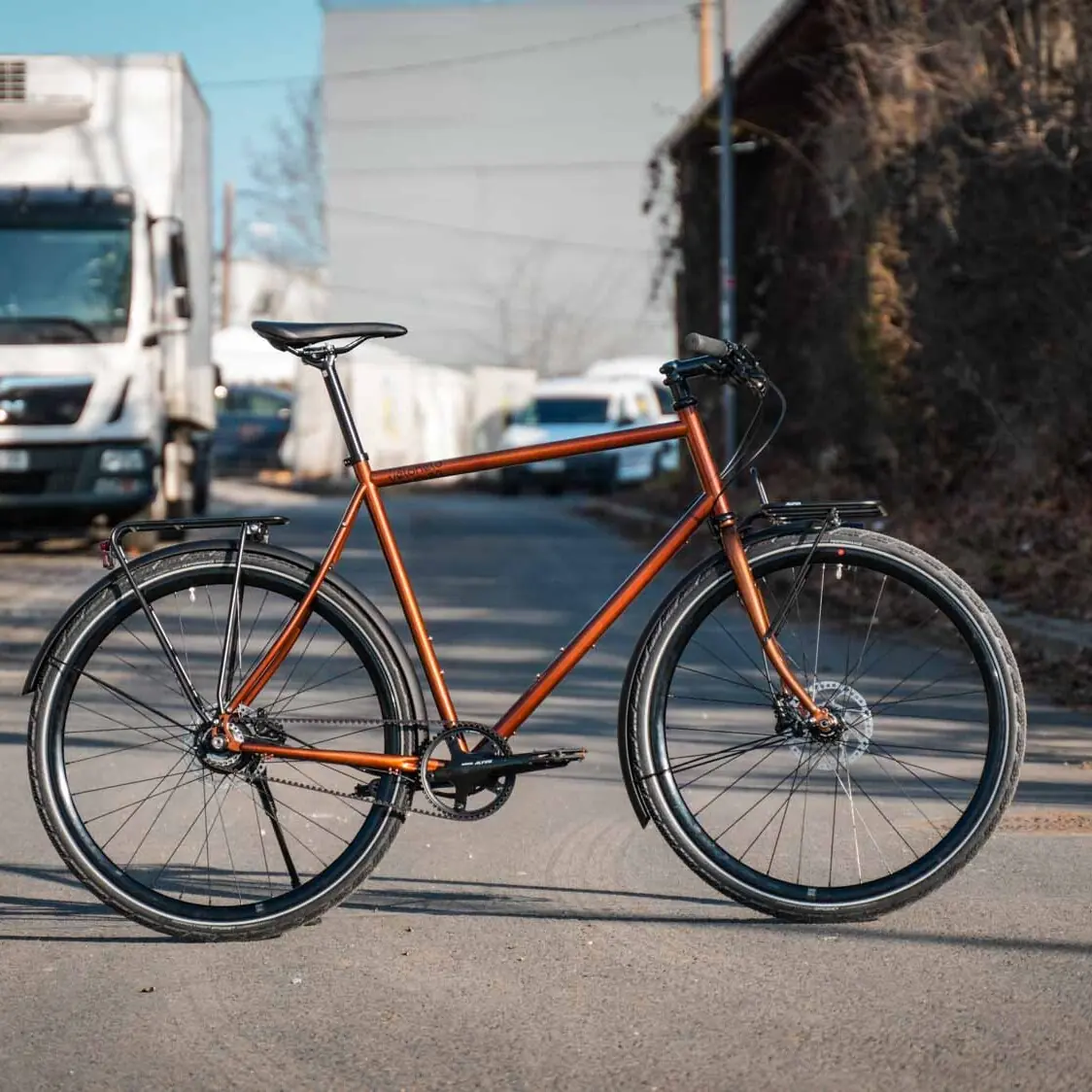 veloheld.lane urban bike in transparent copper with belt drive and luggage rack, side view