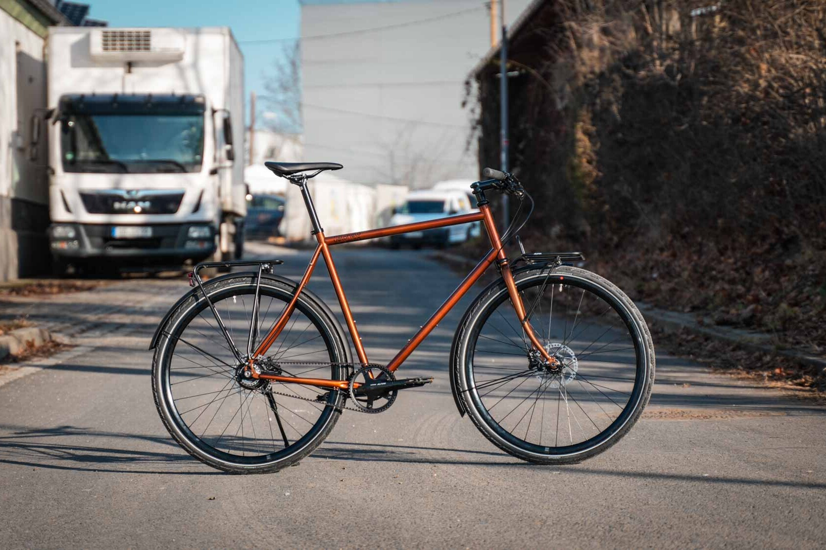 veloheld.lane urban bike in transparent copper with belt drive and luggage rack, side view