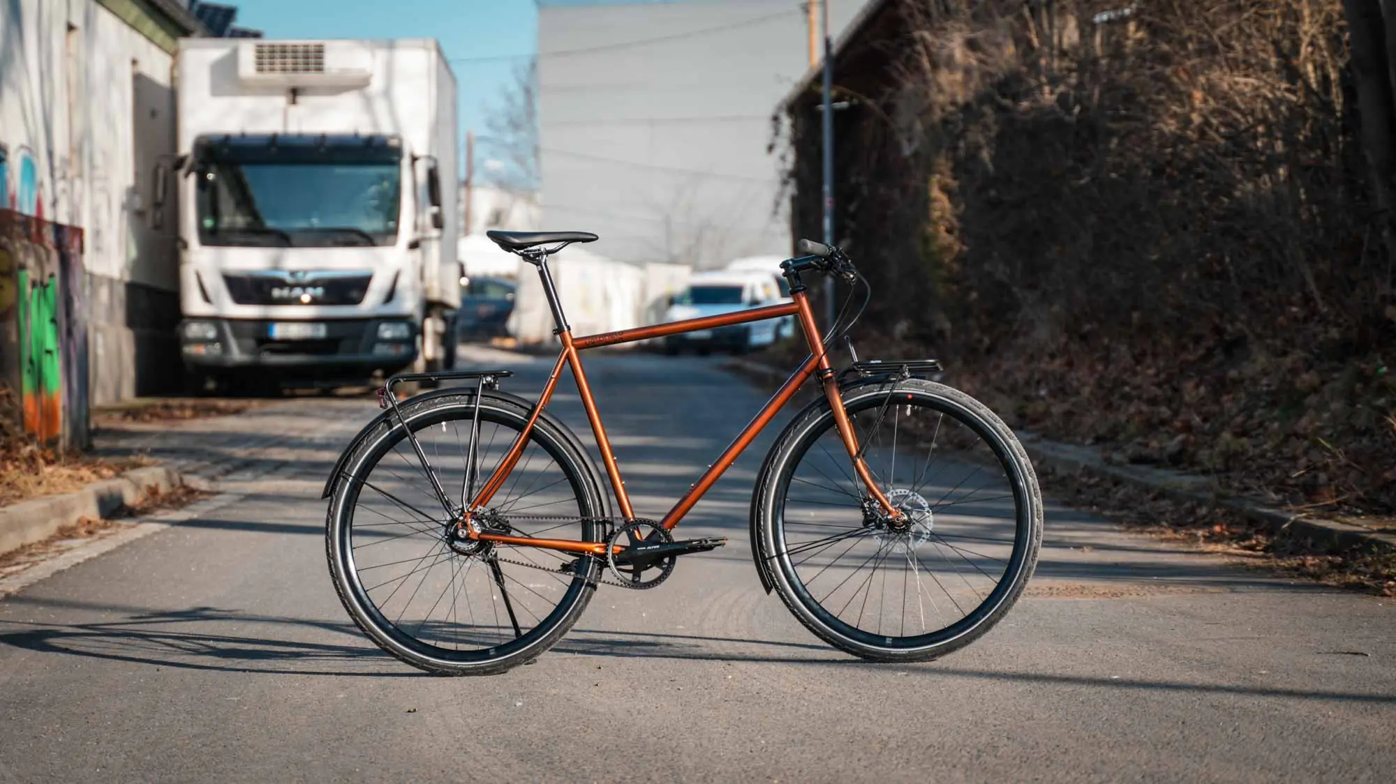 veloheld.lane urban bike in transparent copper with belt drive and luggage rack, side view