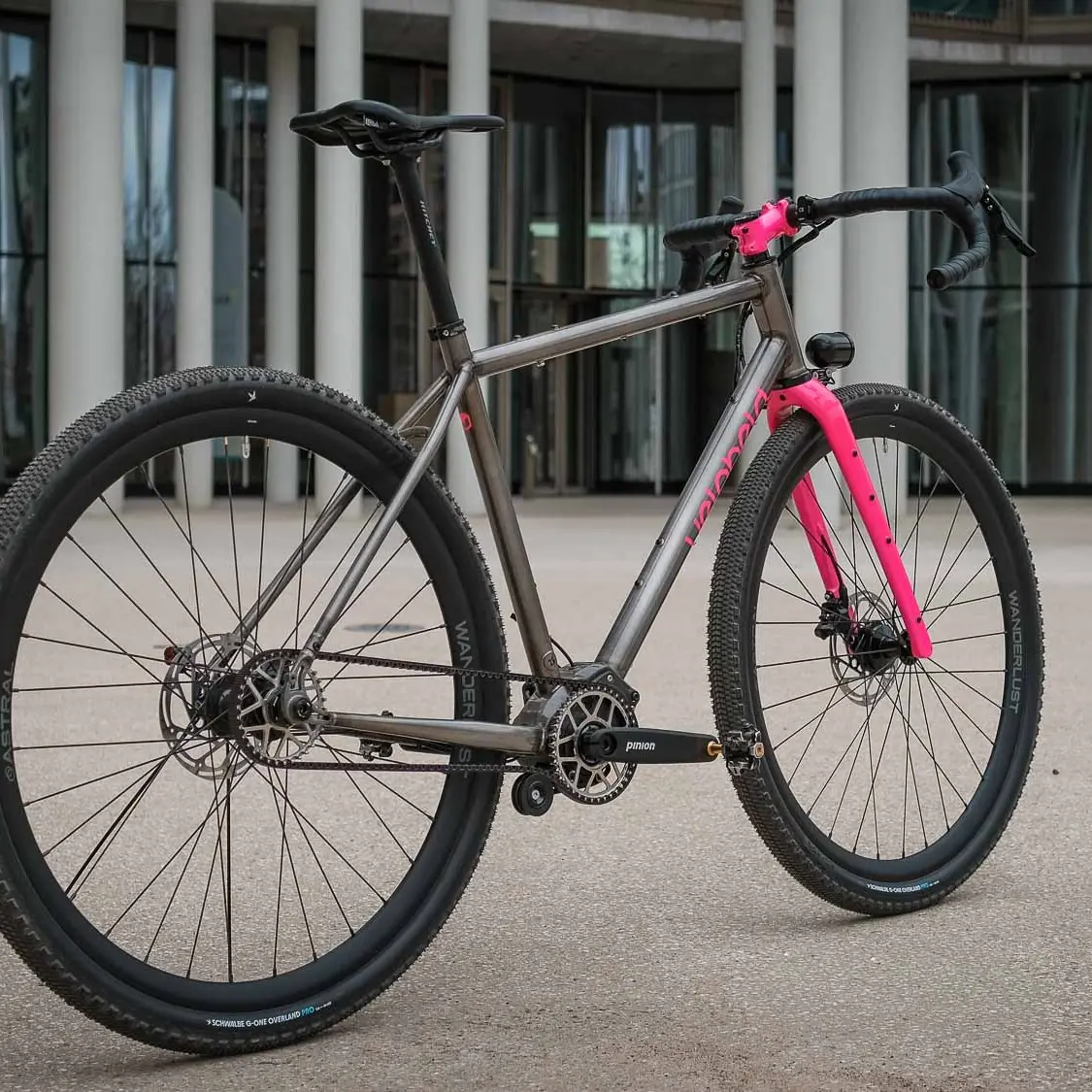 veloheld iconX Pinion Custom Gravel Bike with belt drive and pink fork