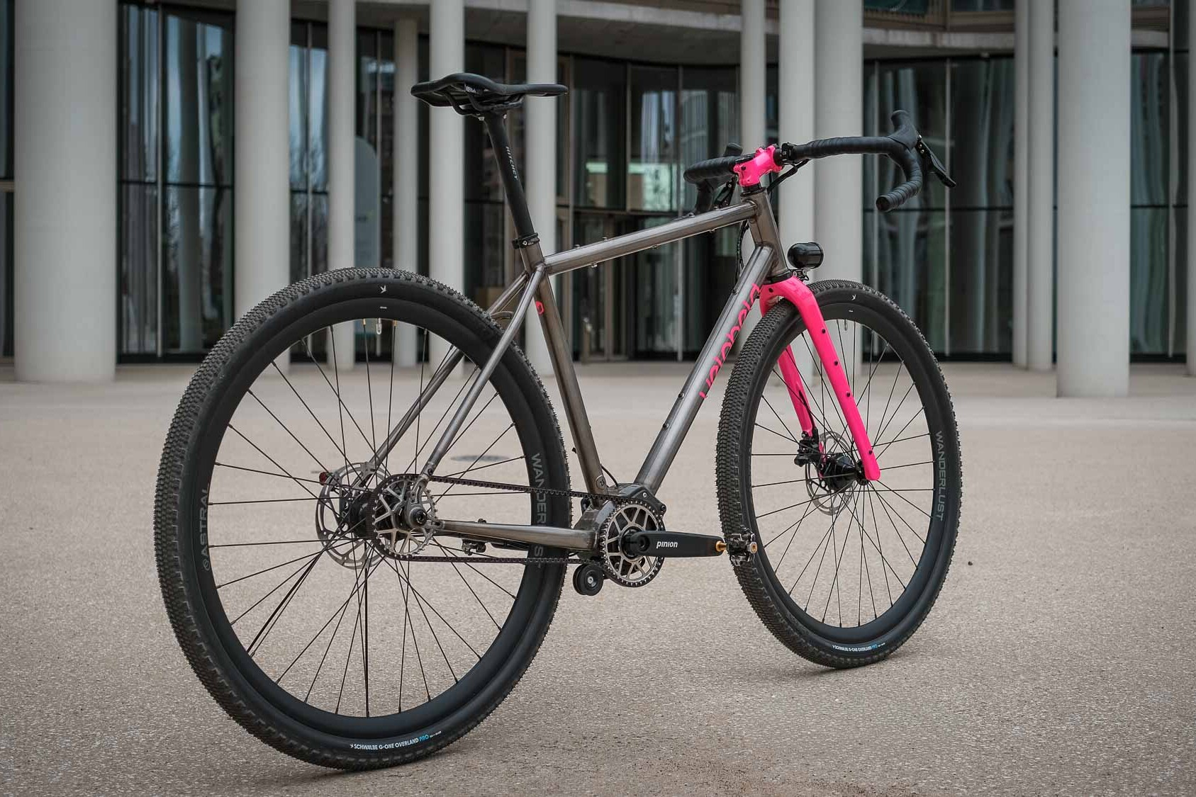 veloheld iconX Pinion Custom Gravel Bike with belt drive and pink fork