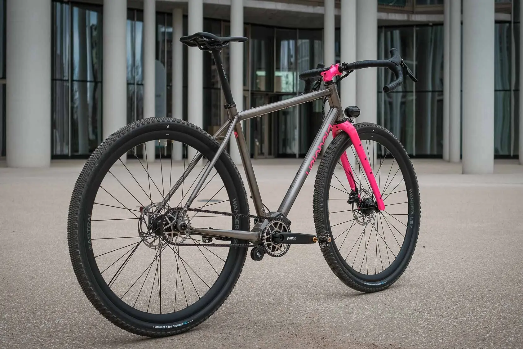 veloheld iconX Pinion Custom Gravel Bike with belt drive and pink fork