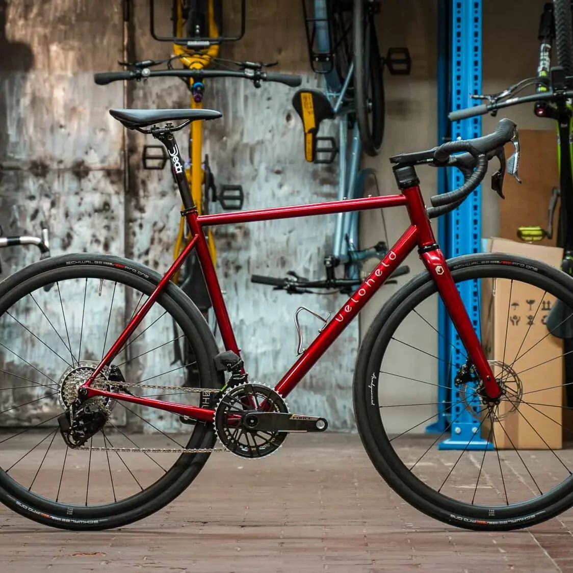 veloheld.icon Allroad in Merlot Illusion with SRAMForce AXS and Hunt wheels in the workshop