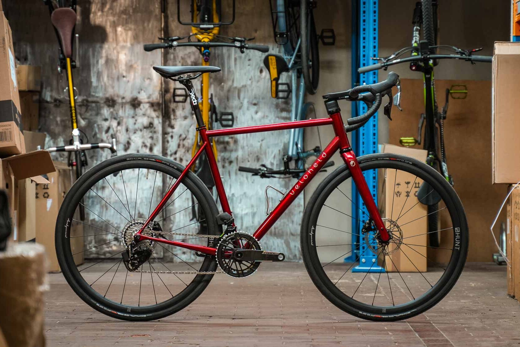 veloheld.icon Allroad in Merlot Illusion with SRAMForce AXS and Hunt wheels in the workshop