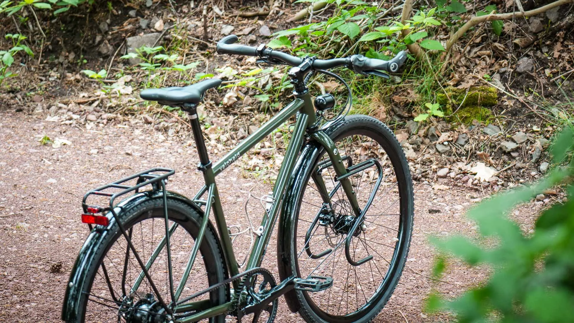 A Veloheld AlleyX with a Rohloff hub gear, luggage rack and mudguards on a forest path in the countryside.