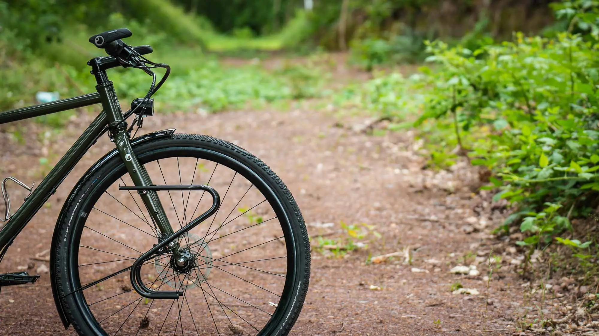 A Veloheld AlleyX with a Rohloff hub gear system on a forest track, a close-up of the front wheel and frame in a green setting.